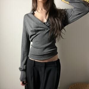 y2k vintage gray minimalist v neck plunge fitted slouchy sweater top